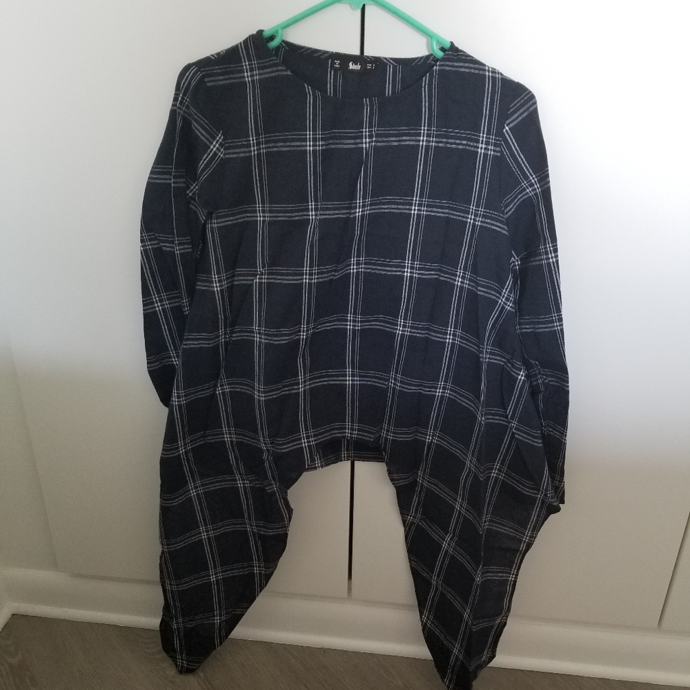 Navy Tie-Up Plaid Long-Sleeved Shirt